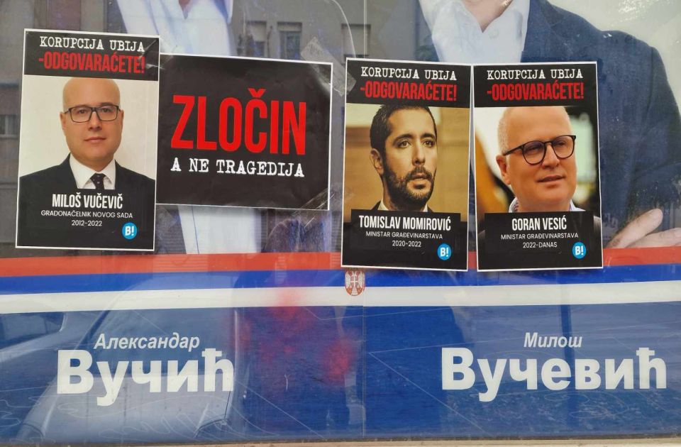 FOTO: U Novom Sadu plakati sa likovima Vučevića, Momirovića i Vesića - "Korupcija ubija"